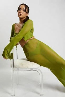 ROM Natalia Flare Sleeve Mesh Crop Top - Olive