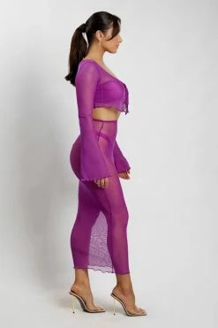 ROM Natalia Flare Sleeve Mesh Crop Top - Violet