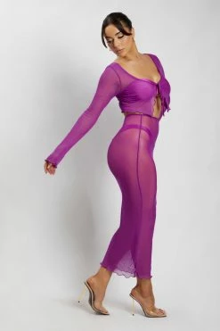 ROM Natalia Flare Sleeve Mesh Crop Top - Violet