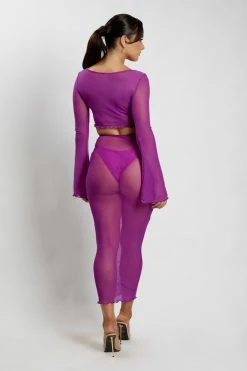 ROM Natalia Flare Sleeve Mesh Crop Top - Violet