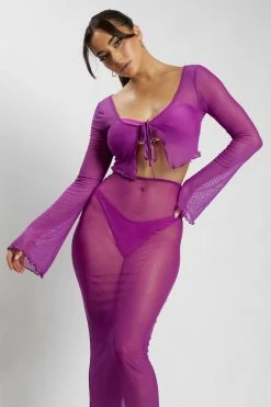 ROM Natalia Flare Sleeve Mesh Crop Top - Violet