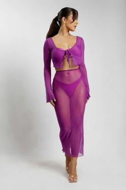 ROM Natalia Flare Sleeve Mesh Crop Top - Violet