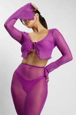 ROM Natalia Flare Sleeve Mesh Crop Top - Violet