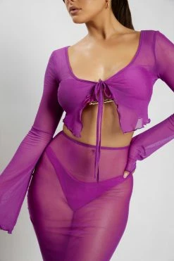 ROM Natalia Flare Sleeve Mesh Crop Top - Violet