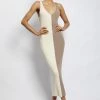 EMS DRESSES Jodie Two Tone V Neck Midi Dress - Multi Nude