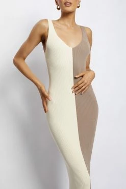 EMS DRESSES Jodie Two Tone V Neck Midi Dress - Multi Nude