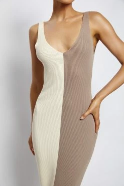 EMS DRESSES Jodie Two Tone V Neck Midi Dress - Multi Nude
