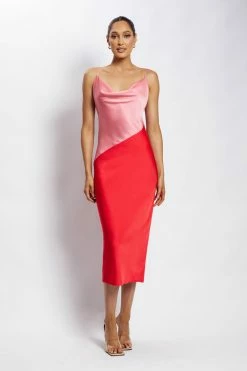 WNT Maya Satin Colour Block Midi Dress - Pink DRESSES