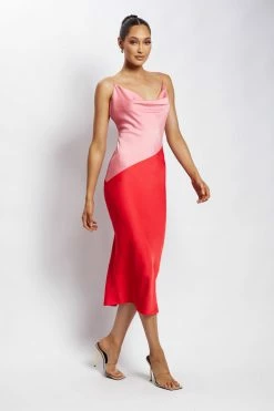 WNT Maya Satin Colour Block Midi Dress - Pink DRESSES