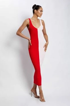 EMS Jodie Two Tone V Neck Midi Dress - Multi Red DRESSES