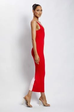 EMS Jodie Two Tone V Neck Midi Dress - Multi Red DRESSES