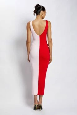 EMS Jodie Two Tone V Neck Midi Dress - Multi Red DRESSES