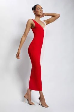 EMS Jodie Two Tone V Neck Midi Dress - Multi Red DRESSES