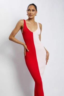 EMS Jodie Two Tone V Neck Midi Dress - Multi Red DRESSES