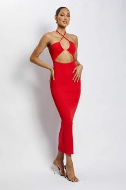 ROM Maddie Ribbed Drawstring Midi Dress - Red DRESSES