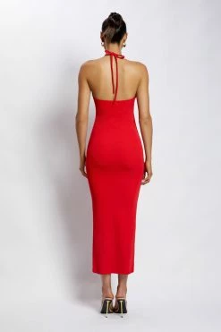 ROM Maddie Ribbed Drawstring Midi Dress - Red DRESSES