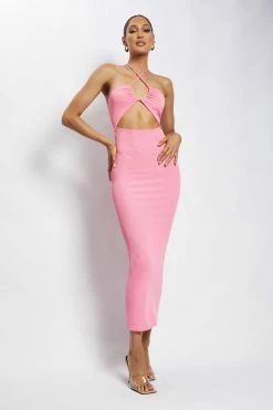 ROM DRESSES Maddie Ribbed Drawstring Midi Dress - Candy Pink