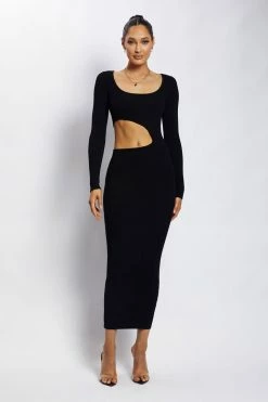 SOP DRESSES Gaia Cut Out Asymmetric Knitted Midi Dress - Black