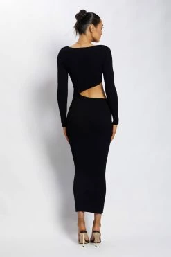 SOP DRESSES Gaia Cut Out Asymmetric Knitted Midi Dress - Black