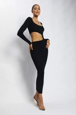 SOP DRESSES Gaia Cut Out Asymmetric Knitted Midi Dress - Black