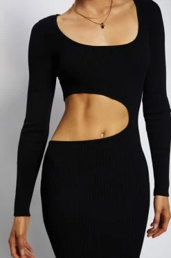 SOP DRESSES Gaia Cut Out Asymmetric Knitted Midi Dress - Black
