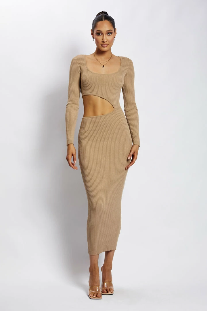 SOP DRESSES Gaia Cut Out Asymmetric Knitted Midi Dress - Taupe 1 SOP DRESSES Gaia Cut Out Asymmetric Knitted Midi Dress - Taupe