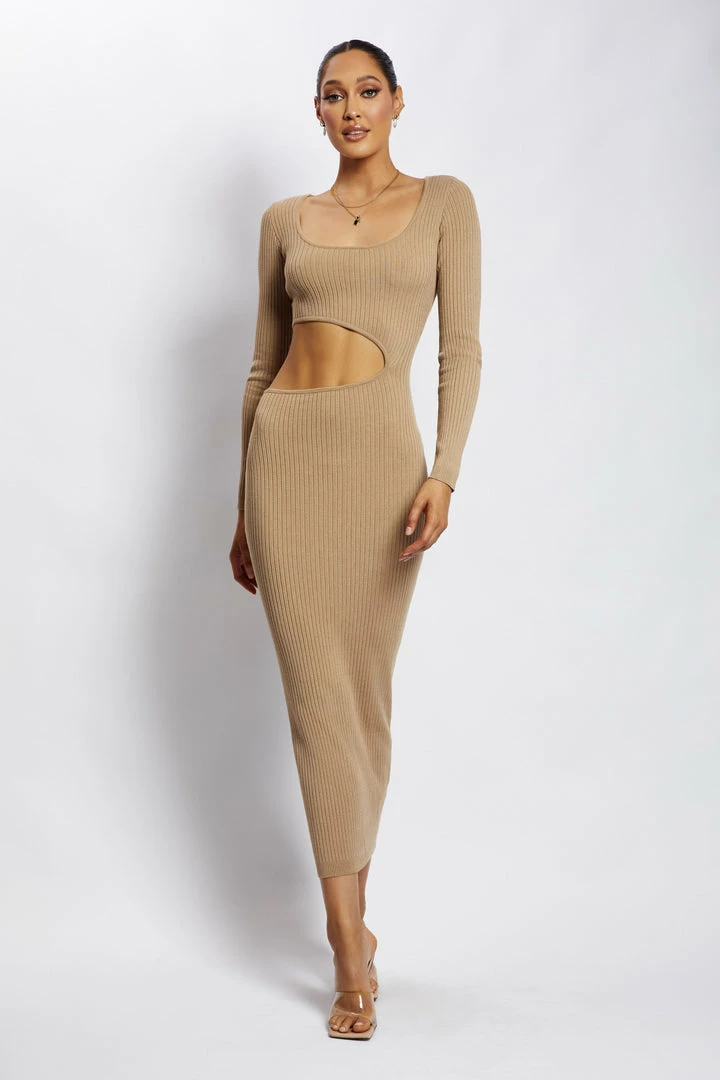 SOP DRESSES Gaia Cut Out Asymmetric Knitted Midi Dress - Taupe 6 SOP DRESSES Gaia Cut Out Asymmetric Knitted Midi Dress - Taupe