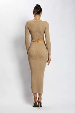 SOP DRESSES Gaia Cut Out Asymmetric Knitted Midi Dress - Taupe
