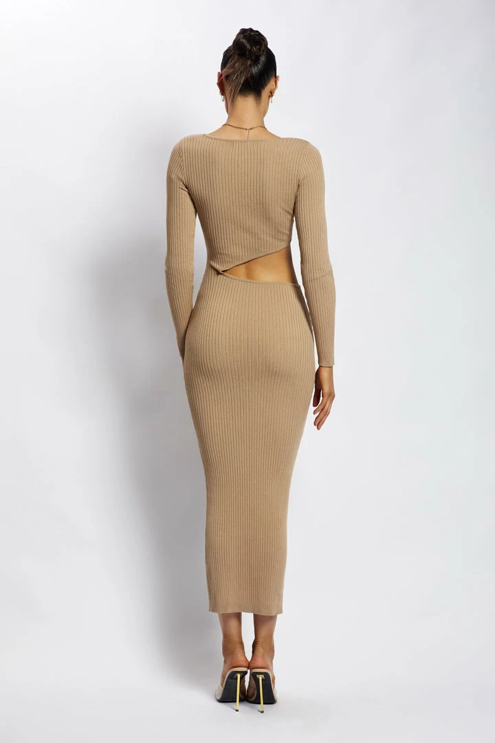 SOP DRESSES Gaia Cut Out Asymmetric Knitted Midi Dress - Taupe 2 SOP DRESSES Gaia Cut Out Asymmetric Knitted Midi Dress - Taupe