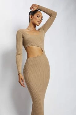 SOP DRESSES Gaia Cut Out Asymmetric Knitted Midi Dress - Taupe 11 SOP DRESSES Gaia Cut Out Asymmetric Knitted Midi Dress - Taupe