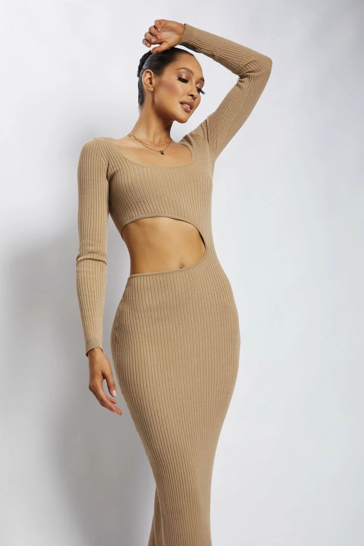 SOP DRESSES Gaia Cut Out Asymmetric Knitted Midi Dress - Taupe 4 SOP DRESSES Gaia Cut Out Asymmetric Knitted Midi Dress - Taupe