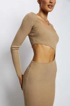 SOP DRESSES Gaia Cut Out Asymmetric Knitted Midi Dress - Taupe 14 SOP DRESSES Gaia Cut Out Asymmetric Knitted Midi Dress - Taupe