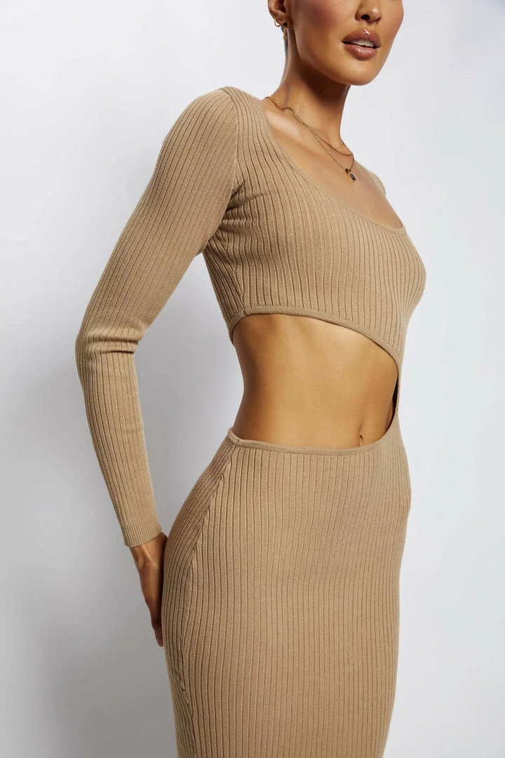 SOP DRESSES Gaia Cut Out Asymmetric Knitted Midi Dress - Taupe 7 SOP DRESSES Gaia Cut Out Asymmetric Knitted Midi Dress - Taupe
