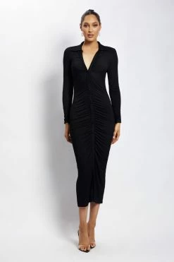 WXI Jemima Jersey Ruched Midi Dress - Black DRESSES