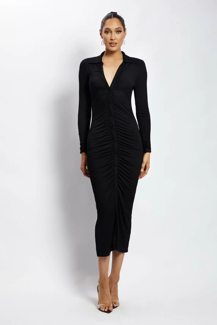 WXI Jemima Jersey Ruched Midi Dress - Black DRESSES 1 WXI Jemima Jersey Ruched Midi Dress - Black DRESSES