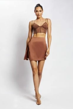 WNT Romi Asymmetric Wrap Satin Mini Skirt - Mocha All Bottoms 15 WNT Romi Asymmetric Wrap Satin Mini Skirt - Mocha All Bottoms