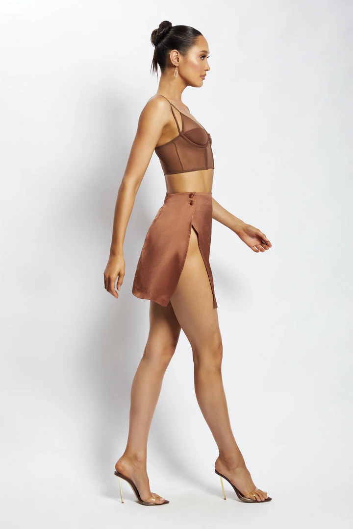 WNT Romi Asymmetric Wrap Satin Mini Skirt - Mocha All Bottoms 3 WNT Romi Asymmetric Wrap Satin Mini Skirt - Mocha All Bottoms