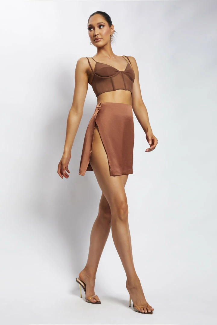 WNT Romi Asymmetric Wrap Satin Mini Skirt - Mocha All Bottoms 4 WNT Romi Asymmetric Wrap Satin Mini Skirt - Mocha All Bottoms