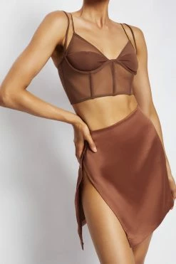 WNT Romi Asymmetric Wrap Satin Mini Skirt - Mocha All Bottoms