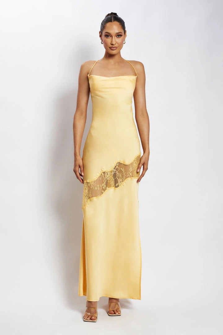 WNT Chandra Lace Detail Satin Maxi Dress - Lemon 2 WNT Chandra Lace Detail Satin Maxi Dress - Lemon