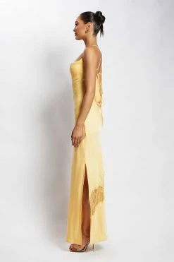 WNT Chandra Lace Detail Satin Maxi Dress - Lemon 12 WNT Chandra Lace Detail Satin Maxi Dress - Lemon