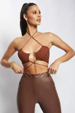 EMS Stacey Ruched Knit Halter Top - Chocolate