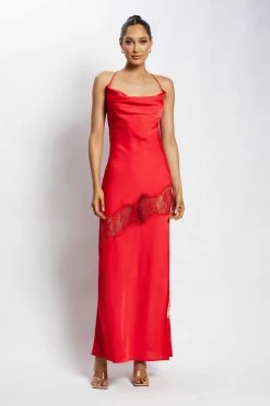 WNT DRESSES Chandra Lace Detail Satin Maxi Dress - Red