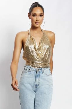 QNG Brinley Cowl Neck Glow Mesh Top - Gold 15 QNG Brinley Cowl Neck Glow Mesh Top - Gold