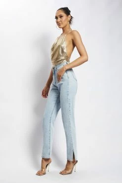 QNG Brinley Cowl Neck Glow Mesh Top - Gold 14 QNG Brinley Cowl Neck Glow Mesh Top - Gold