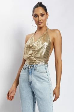 QNG Brinley Cowl Neck Glow Mesh Top - Gold 11 QNG Brinley Cowl Neck Glow Mesh Top - Gold