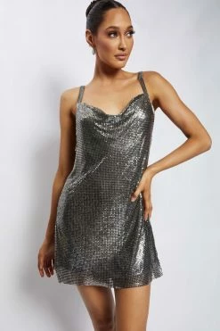 QNG Dimity A Line Glow Mesh Mini Dress - Gunmetal