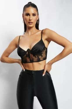 QNG Hattie Satin And Lace Corset Top - Black