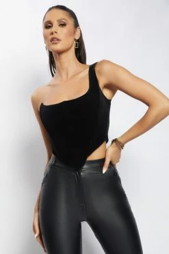 WNT Amira One Shoulder Velvet Corset - Black All Tops