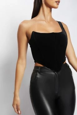 WNT Amira One Shoulder Velvet Corset - Black All Tops